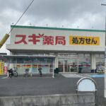 Cloudy day at Japanese drugstore entrance.