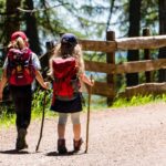 Kids walking on sunny path in woods